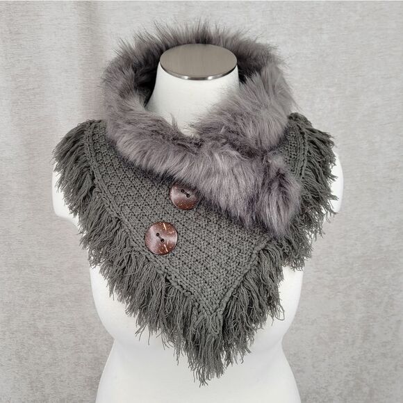 Gray Faux Fur Trimmed Scarf Shoulder Warmer Shaw Chunky Knit Fringe Poncho - Picture 1 of 9